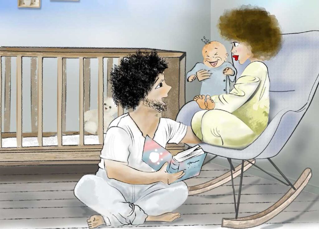 Watercolor of parents sharing a book with their baby