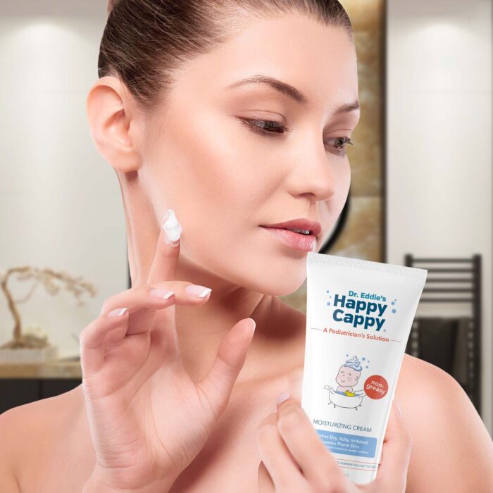 lady using happy cappy moisturizing eczema cream