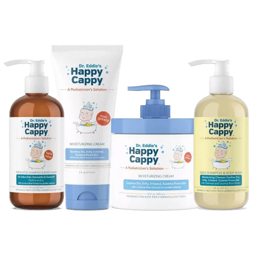 Happy Cappy Three Step Skincare Solution for Sensitive Skin ( medicated 8 oz bottle, daily 8 oz bottle, 12 oz jar, 6 oz tube)