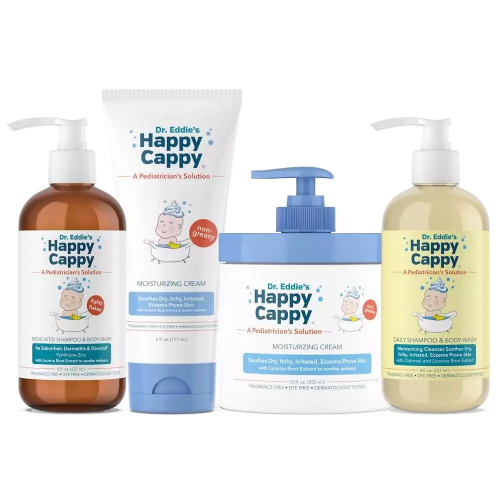 Happy Cappy Three Step Skincare Solution for Sensitive Skin ( medicated 8 oz bottle, daily 8 oz bottle, 12 oz jar, 6 oz tube)