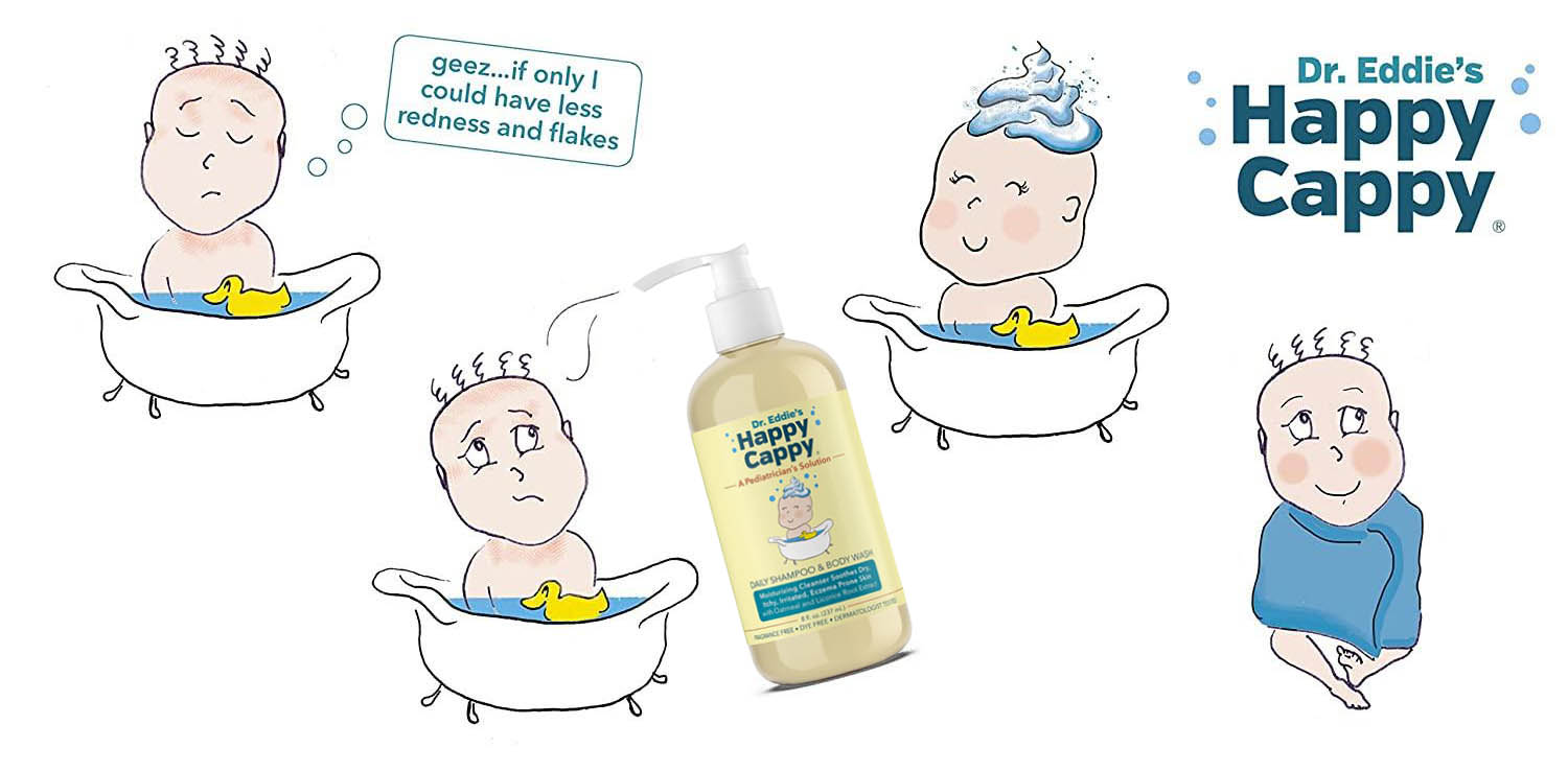 Happy Cappy Daily Shampoo and Body Wash with baby bath illustrations
