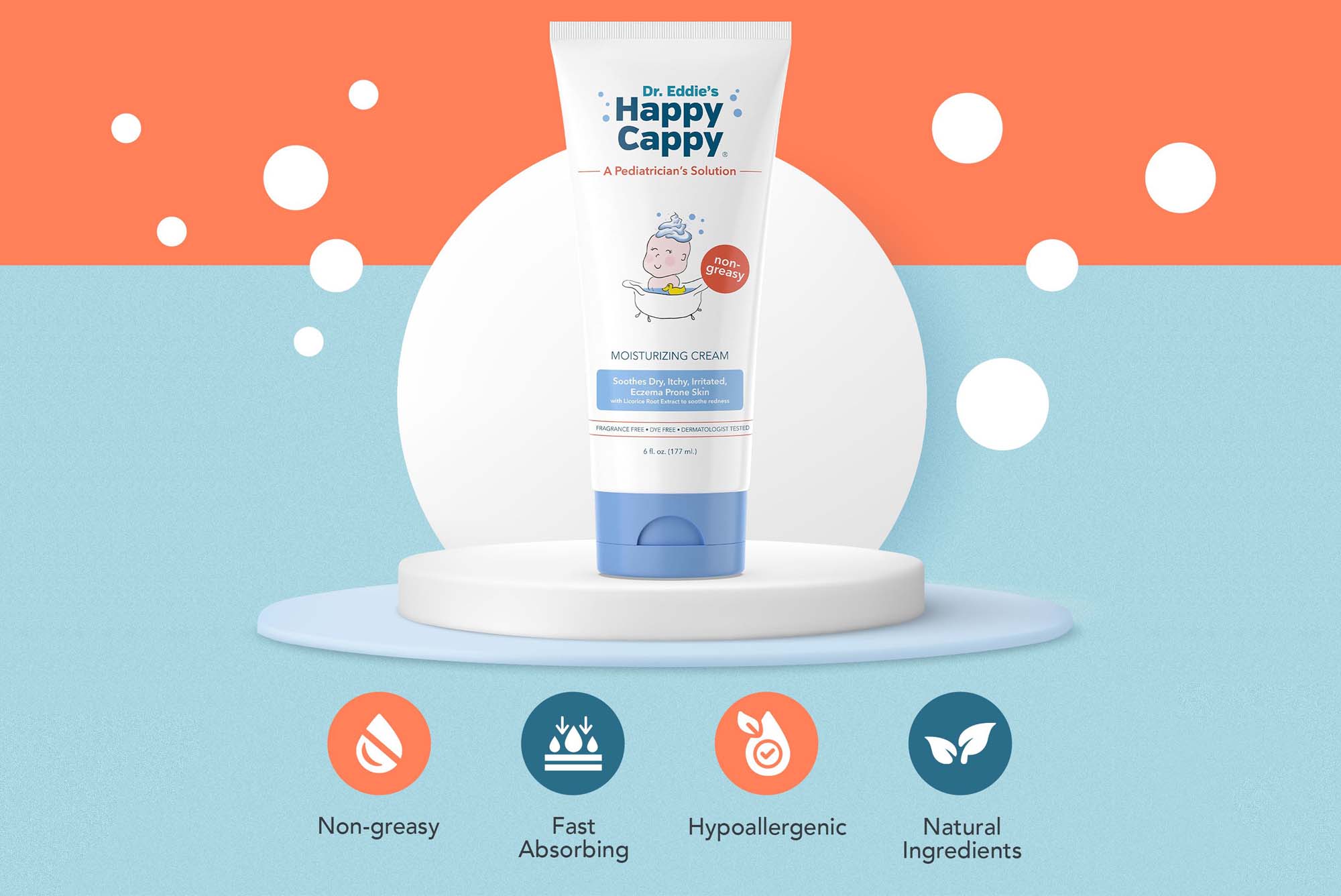 Happy Cappy Moisturizing Cream tube, with non-greasy and fast-absorbing features.