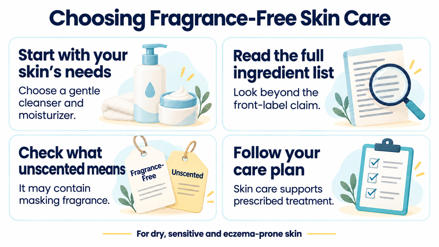 Four steps for choosing fragrance-free skin care: start with your skin's needs, read the full ingredient list, check what unscented means, and follow your care plan.