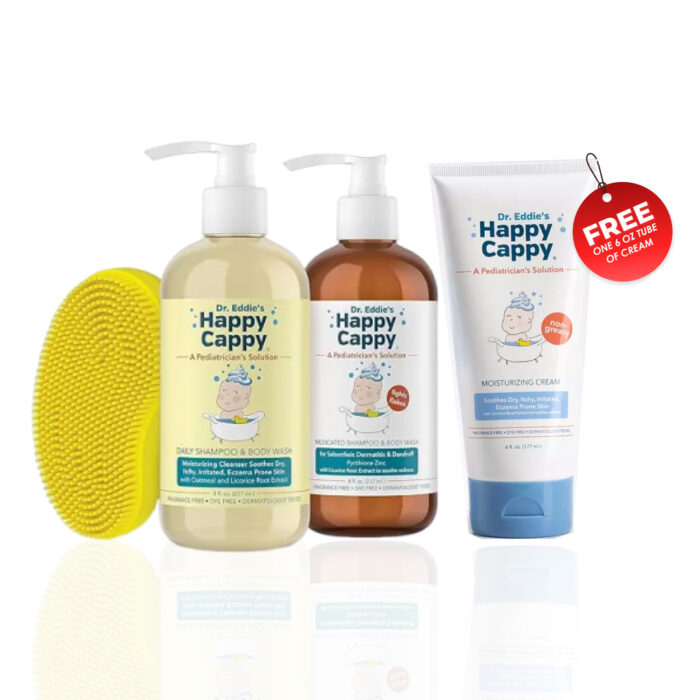 Happy Cappy Shampoo for Cradle Cap, Eczema, and Cradle Cap Brush (1 Medicated shampoo + 1 Daily Shampoo + 1 Cradle Cap Brush) (Free Gift - ONE 6 oz tube of cream)