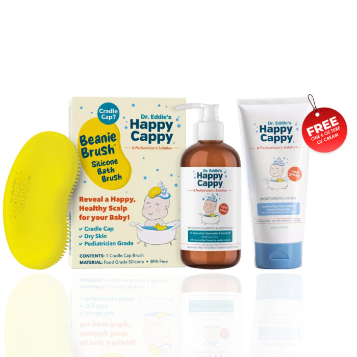 Happy Cappy Bath Bundle | Cradle Cap Medicated Shampoo with Beanie Brush, Pediatrician's Solution for Babies (Free Gift - ONE 6 oz tube of cream )