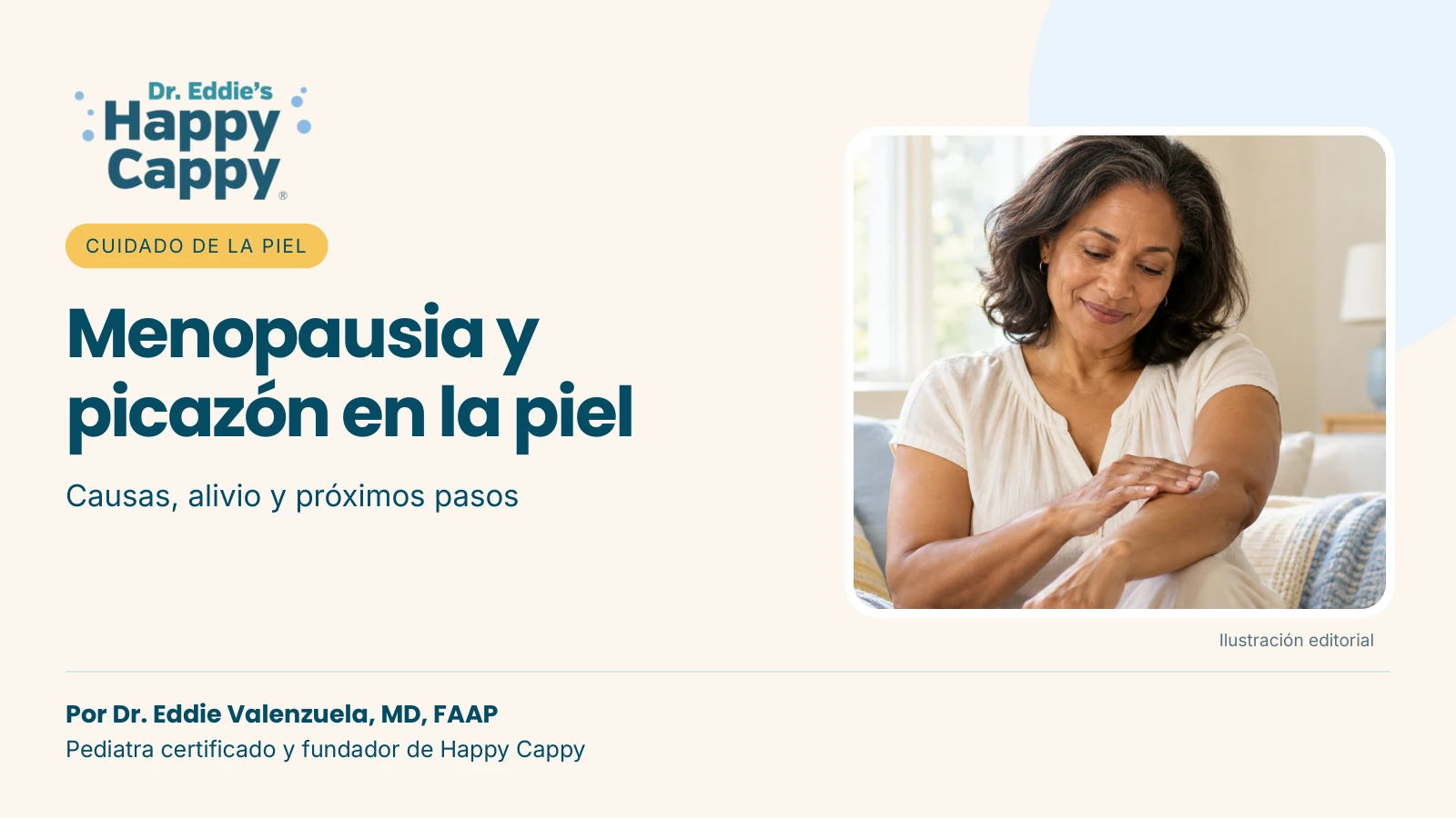 Menopausia y picazón en la piel: causas, alivio y próximos pasos, con una imagen ilustrativa de una mujer aplicándose crema en el brazo.