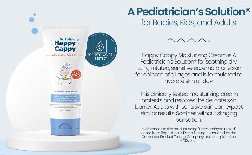 Dr. Eddie's Happy Cappy Moisturizing Cream for babies, kids, and adults with eczema-prone skin. Non-greasy, fragrance-free.