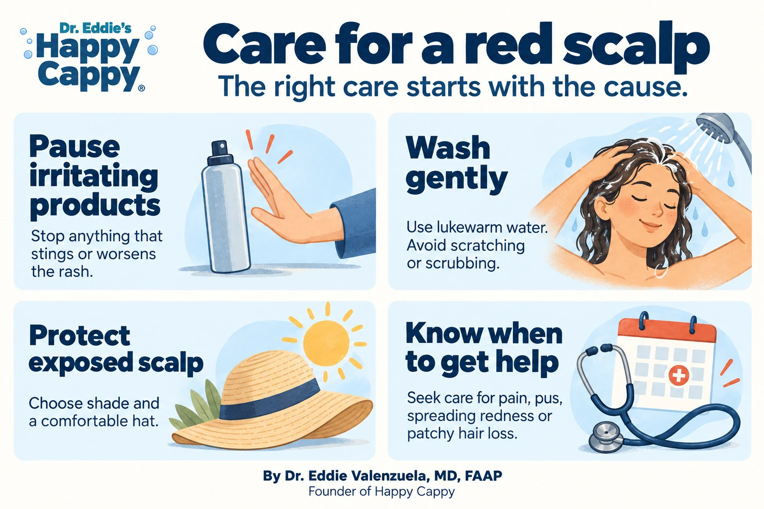 Illustrated red scalp care guide: pause irritating products, wash gently, protect exposed scalp, and seek care for pain, pus, spreading redness or patchy hair loss.