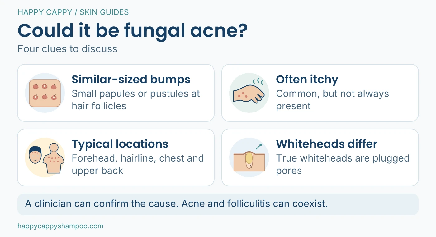 Infographic with schematic uniform follicular bumps, an itching symbol, face and upper-trunk locations, and a closed-comedone drawing distinguishing plugged pores from pustules.