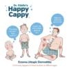 Illustration showing common eczema locations at different ages, alongside Happy Cappy Moisturizing Cream.