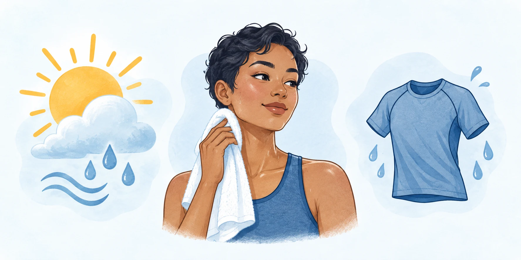 Illustration of humid weather, a person blotting sweat, and damp exercise clothing.