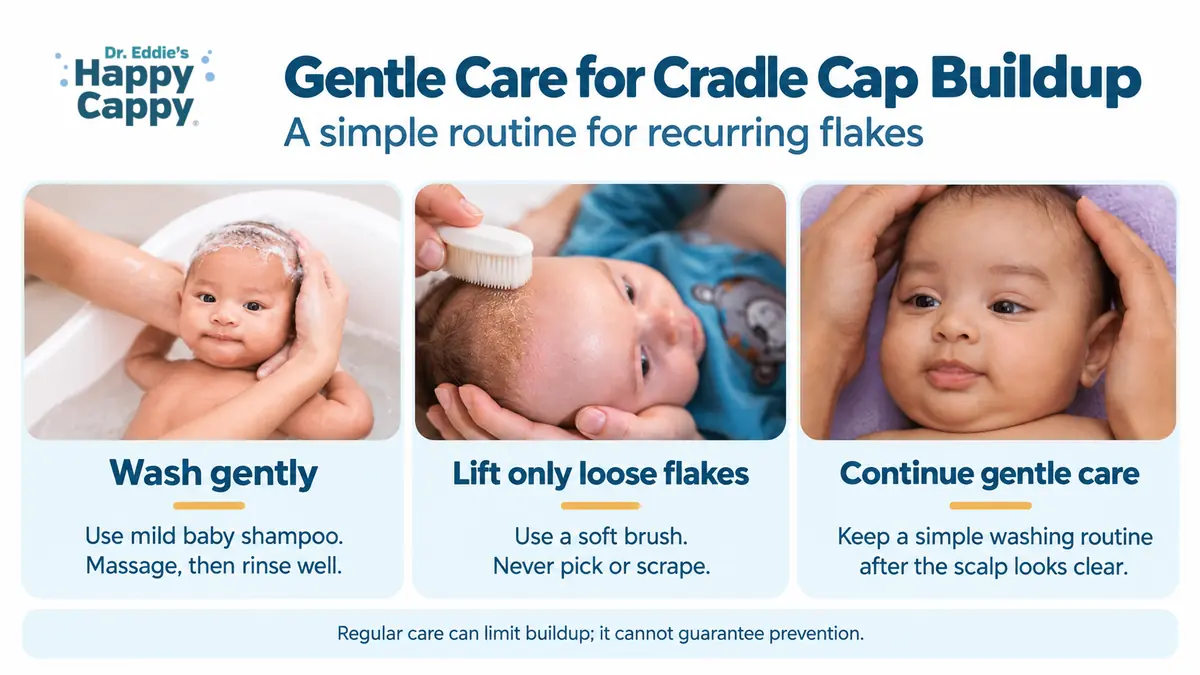 Three gentle cradle cap care steps: wash with mild baby shampoo, lift only loose flakes without picking, and continue a simple washing routine after scales clear.