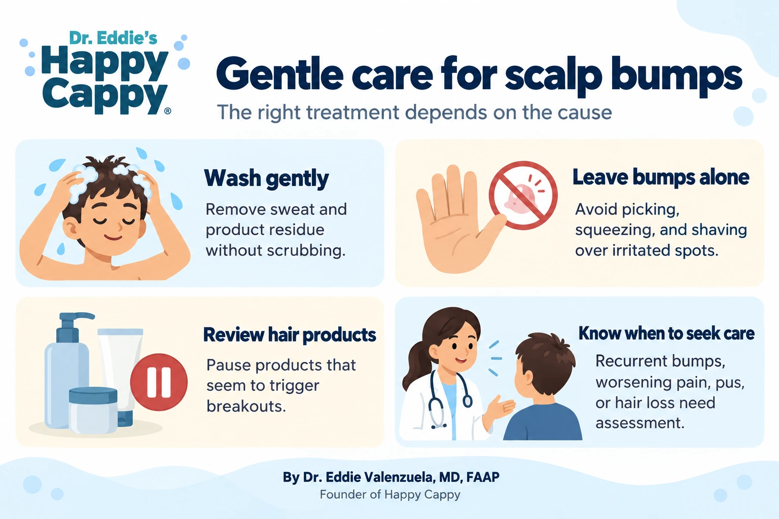 Illustrated care tips for scalp bumps: wash gently, leave bumps alone, review hair products, and seek medical assessment for concerning symptoms