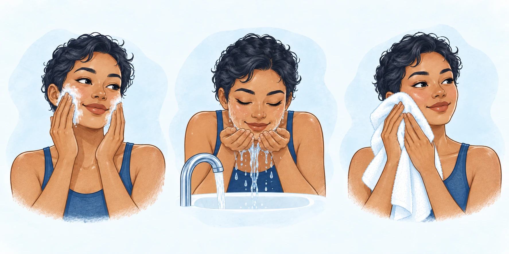 Three illustrations show gentle fingertip cleansing, rinsing with water, and patting skin dry with a soft towel.