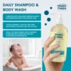 Happy Cappy Daily Shampoo and Body Wash for sensitive, eczema-prone skin, beside a baby having a bath