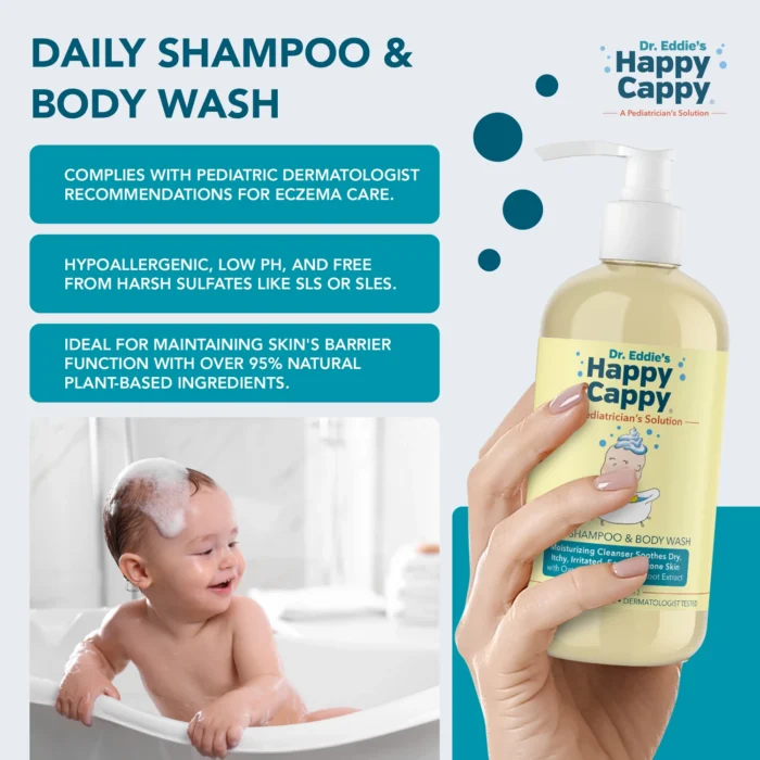 Happy Cappy Daily Shampoo and Body Wash for sensitive, eczema-prone skin, beside a baby having a bath