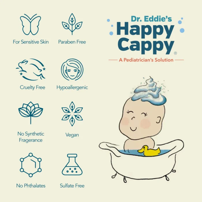 Happy Cappy skincare formula features: hypoallergenic, vegan, cruelty-free, and free of parabens, phthalates, sulfates, and synthetic fragrance