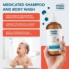 Happy Cappy Medicated Shampoo and Body Wash with pyrithione zinc and licorice root extract, beside a smiling baby in a bath
