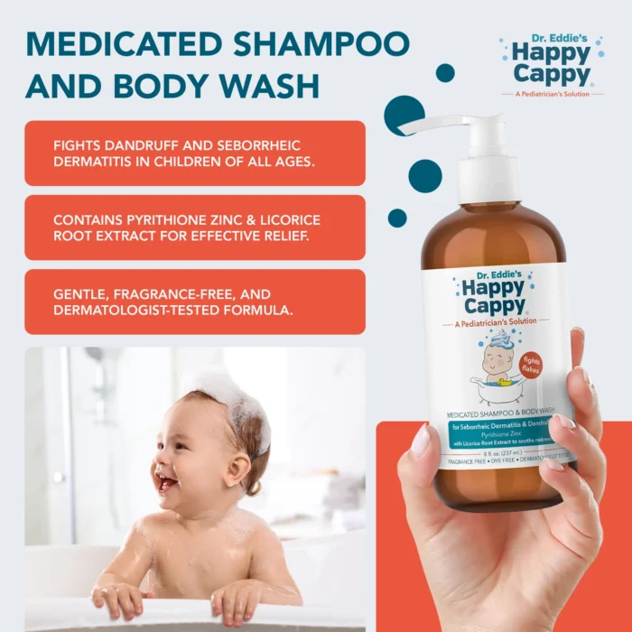 Happy Cappy Medicated Shampoo and Body Wash with pyrithione zinc and licorice root extract, beside a smiling baby in a bath
