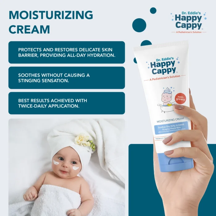 Happy Cappy Moisturizing Cream tube with skin-barrier and hydration benefits, beside a baby wrapped in a towel