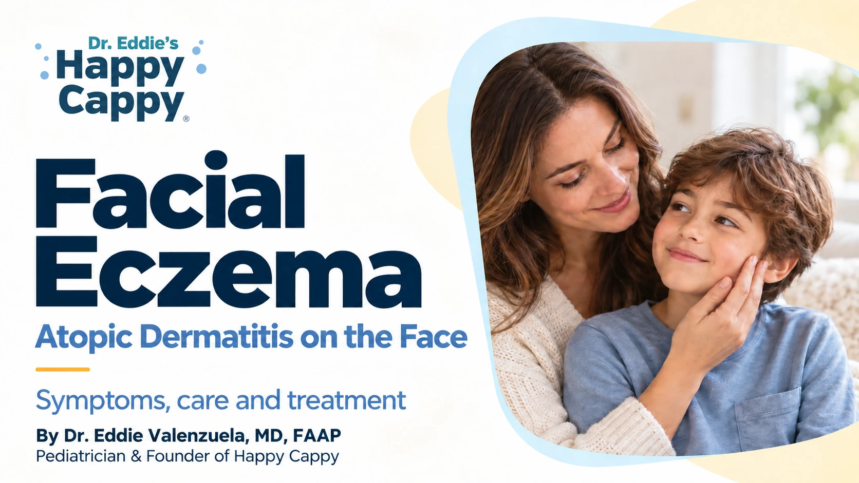 Facial eczema: atopic dermatitis on the face, with a mother gently comforting her child.