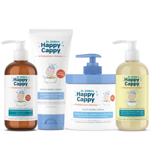 Happy Cappy complete four-product set: Medicated Shampoo, Daily Shampoo and Body Wash, 6 oz Moisturizing Cream tube, and 12 oz cream pump jar