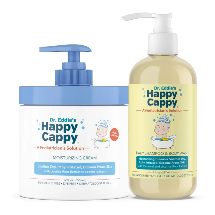 Happy Cappy Daily Shampoo and Body Wash, 8 fl oz, beside the 12 oz Moisturizing Cream pump jar
