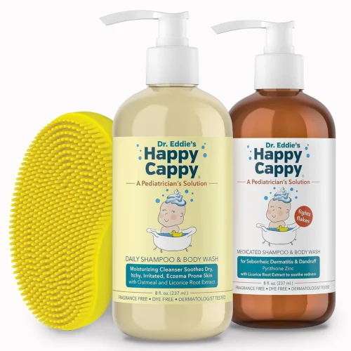 Happy Cappy Medicated Shampoo and Daily Shampoo and Body Wash, one 8 fl oz bottle each, with the yellow silicone Beanie Brush