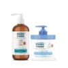 Happy Cappy Medicated Shampoo and Body Wash, 8 fl oz, beside a 12 oz Moisturizing Cream pump jar