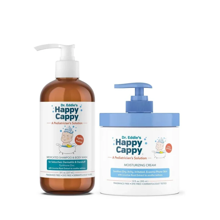Happy Cappy Medicated Shampoo and Body Wash, 8 fl oz, beside a 12 oz Moisturizing Cream pump jar
