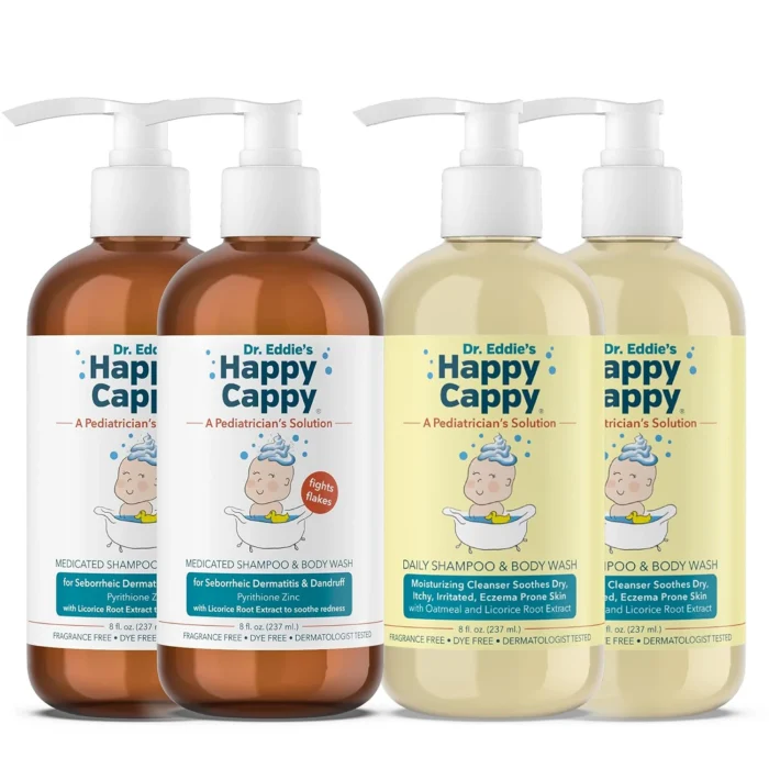 Four-bottle Happy Cappy bundle with two 8 fl oz Medicated Shampoo bottles and two 8 fl oz Daily Shampoo and Body Wash bottles