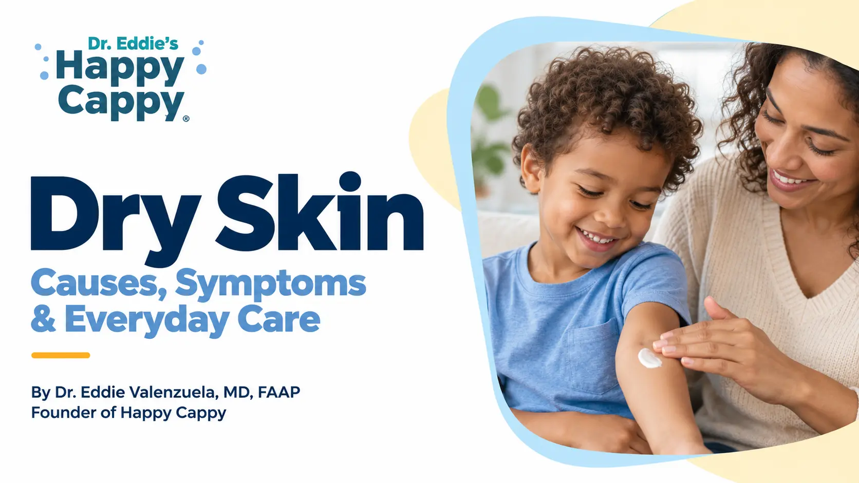A parent applying moisturizing cream to a smiling child's upper arm.