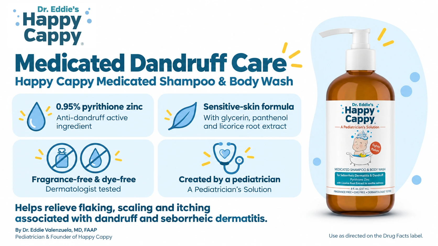 Happy Cappy Medicated Shampoo and Body Wash with pyrithione zinc 0.95%, fragrance-free formula and sensitive-skin ingredients.
