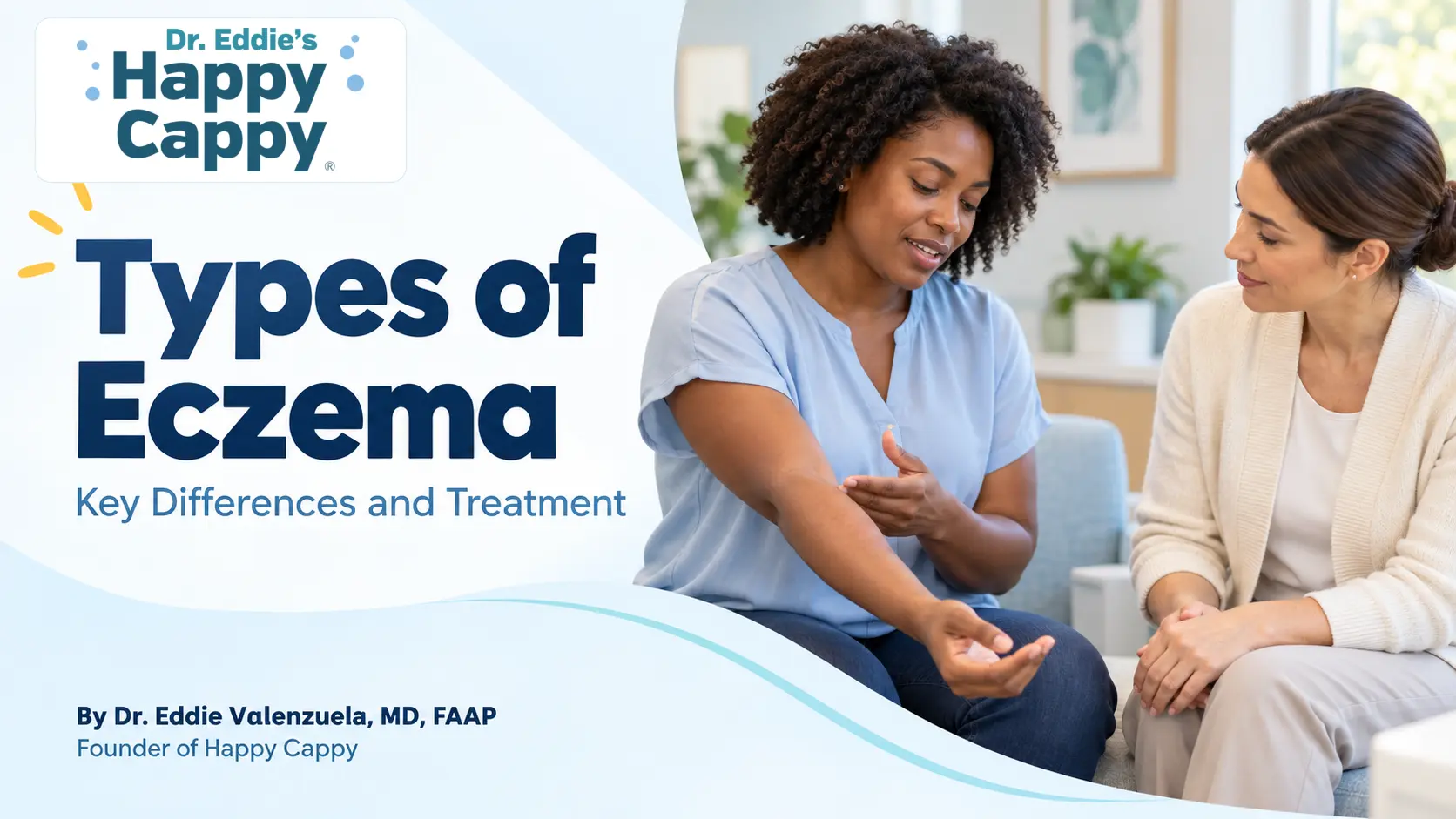 Types of Eczema: Key Differences and Treatment, with two women discussing skin concerns and the official Happy Cappy logo.