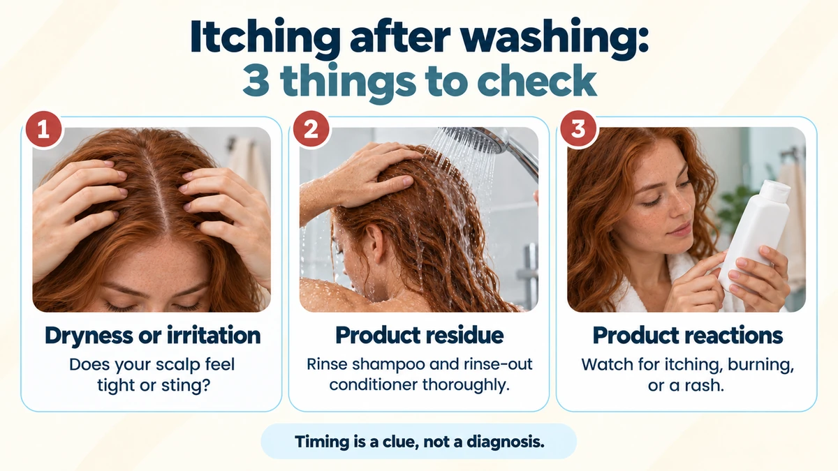 Three things to check when your scalp itches after washing: dryness or irritation, product residue, and product reactions.