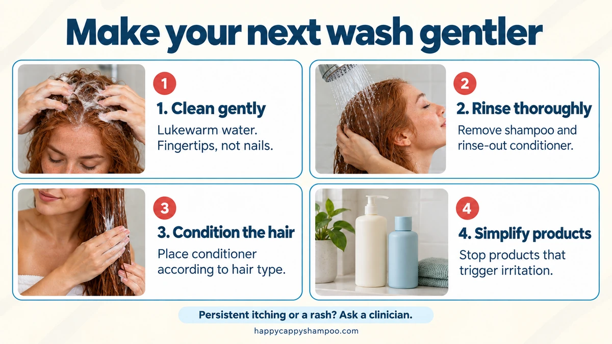 Four steps for a gentler hair-washing routine: clean gently, rinse thoroughly, condition the hair, and simplify products.