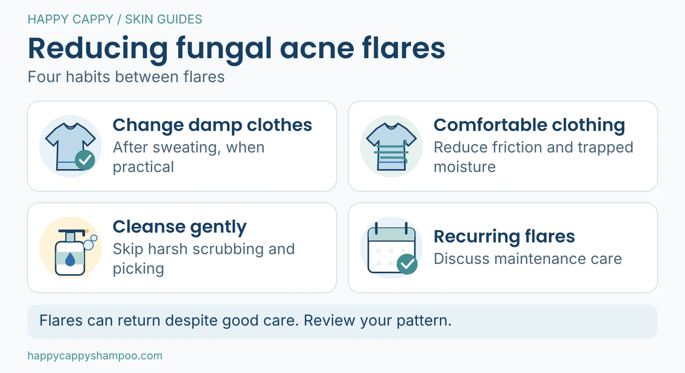 Supportive habits between flares: changing damp clothes, comfortable clothing, gentle cleansing and clinician-directed maintenance