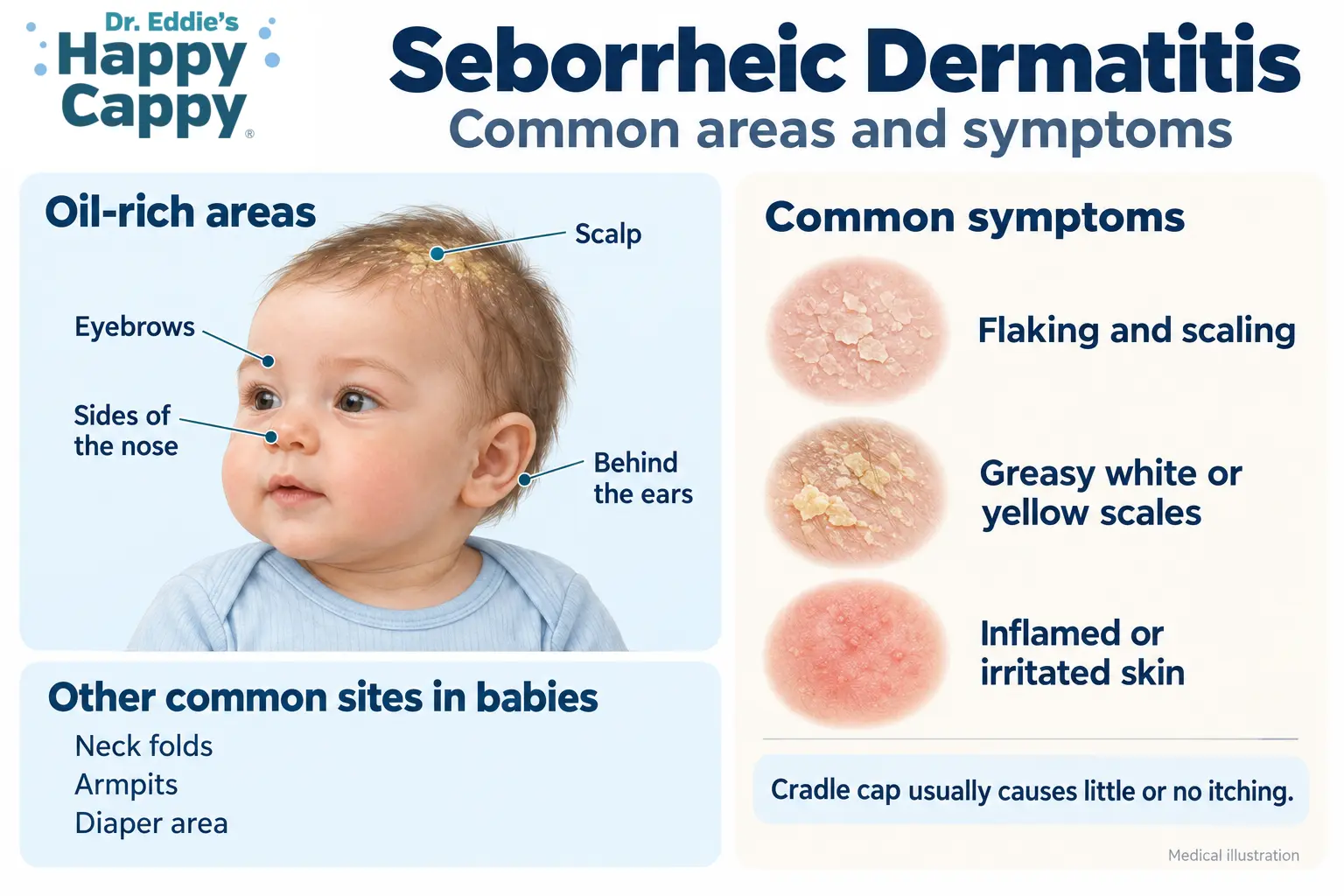 Medical illustration showing oil-rich scalp and facial areas, other common sites in babies, and examples of flaking, greasy scales, and inflamed skin.