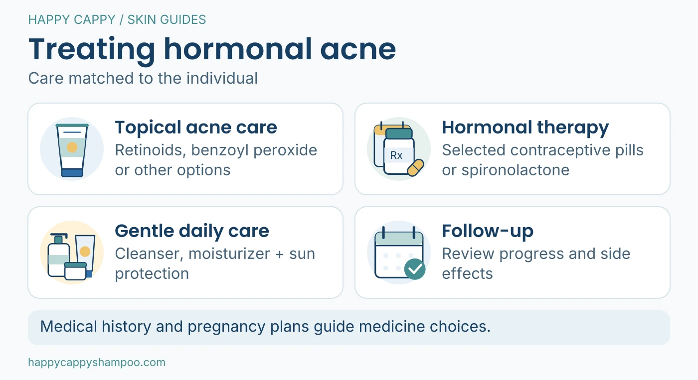 Infographic: topical acne medicines, selected hormonal prescriptions, gentle daily skin care and follow-up, with medical history and pregnancy planning considered.
