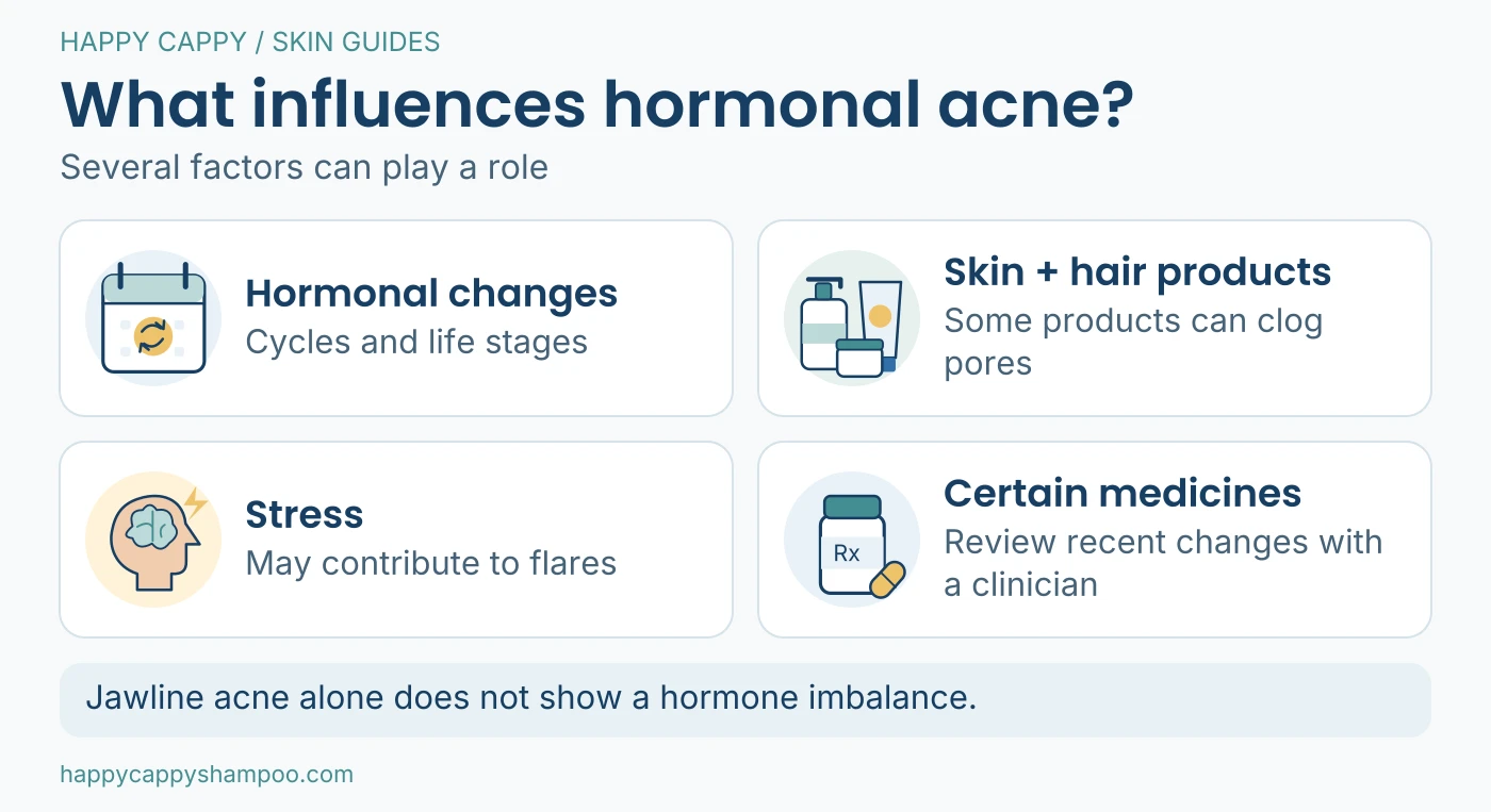 Infographic showing hormonal changes, skin and hair products, stress and certain medicines as influences on the acne picture.