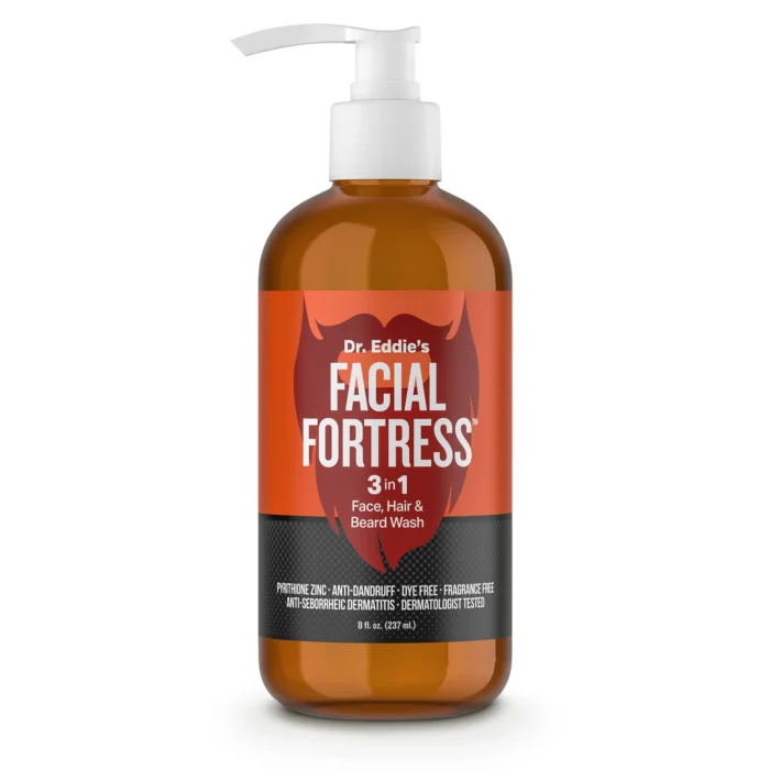 Dr. Eddie's Facial Fortress 3-in-1 face, hair and beard wash in an 8 oz amber pump bottle