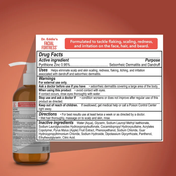Facial Fortress Drug Facts label listing pyrithione zinc 0.95% for dandruff and seborrheic dermatitis