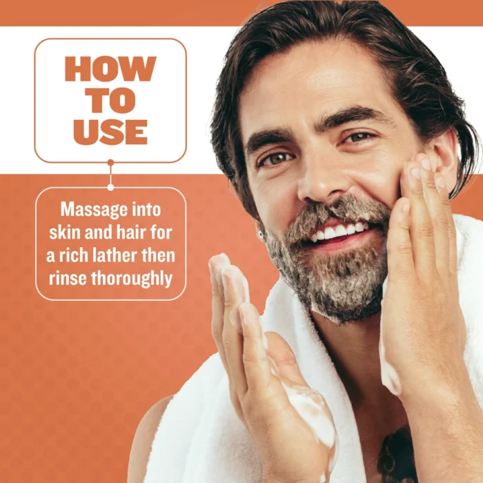 Man massaging Facial Fortress lather into his beard and skin, showing how to use the 3-in-1 wash
