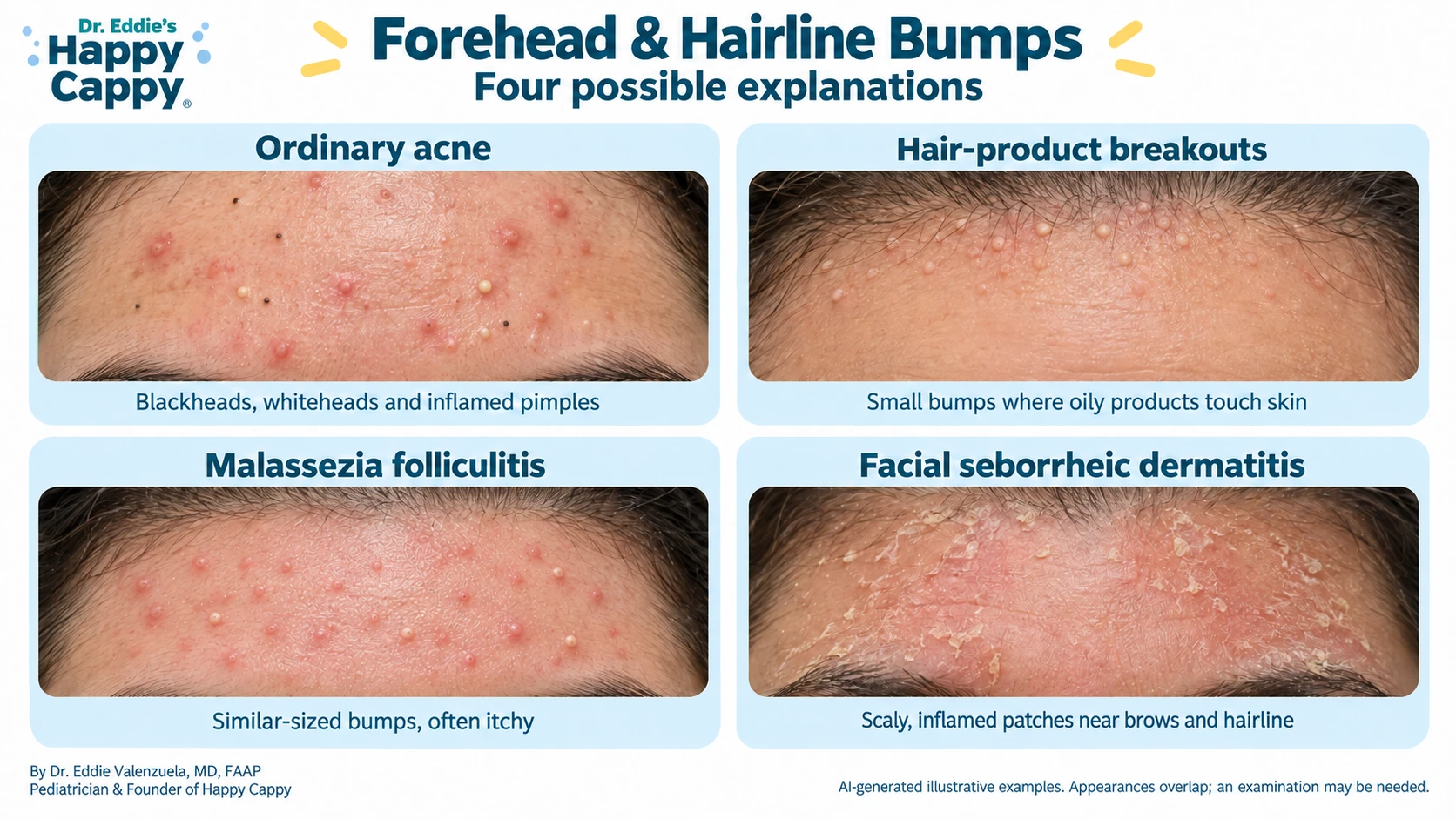 AI-generated examples comparing ordinary acne, hair-product breakouts, Malassezia folliculitis and facial seborrheic dermatitis.