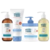 Happy Cappy Complete 3-Step Routine, medicated shampoo, daily wash, moisturizing cream jar and tube in a row
