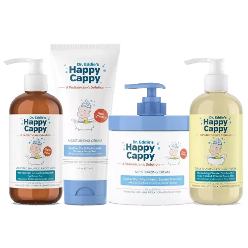 Happy Cappy Complete 3-Step Routine, medicated shampoo, daily wash, moisturizing cream jar and tube in a row