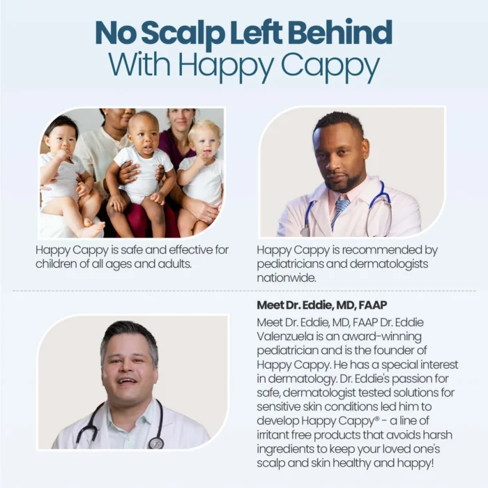 About Happy Cappy panel with founder Dr. Eddie Valenzuela, a pediatrician, and a family of all ages