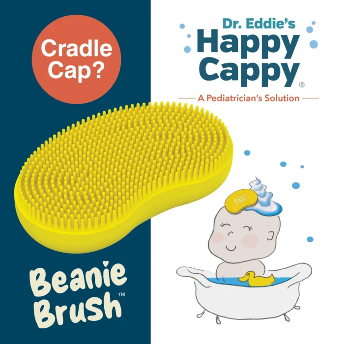 Beanie Brush silicone bath brush packaging, a cradle cap brush with a cartoon baby in a bathtub