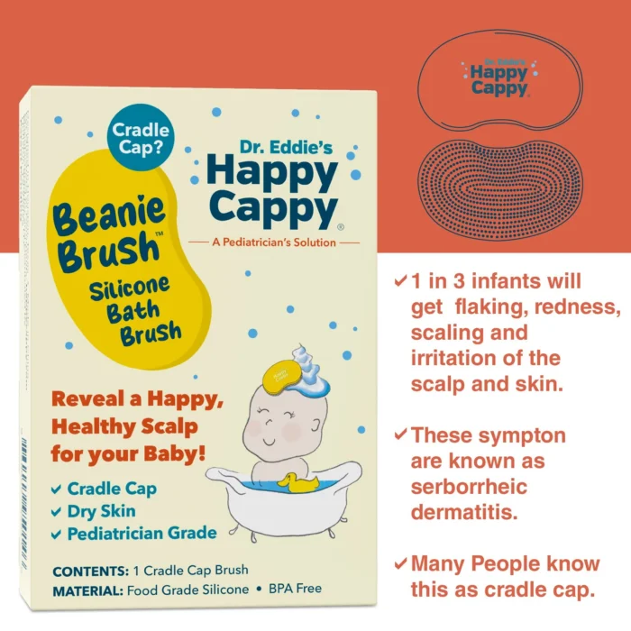 Beanie Brush box with a note that 1 in 3 infants get scalp flaking, known as seborrheic dermatitis or cradle cap