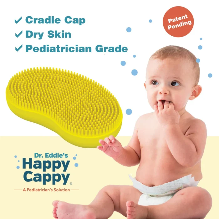 Yellow silicone Beanie Brush beside a baby, labeled for cradle cap, dry skin and pediatrician grade